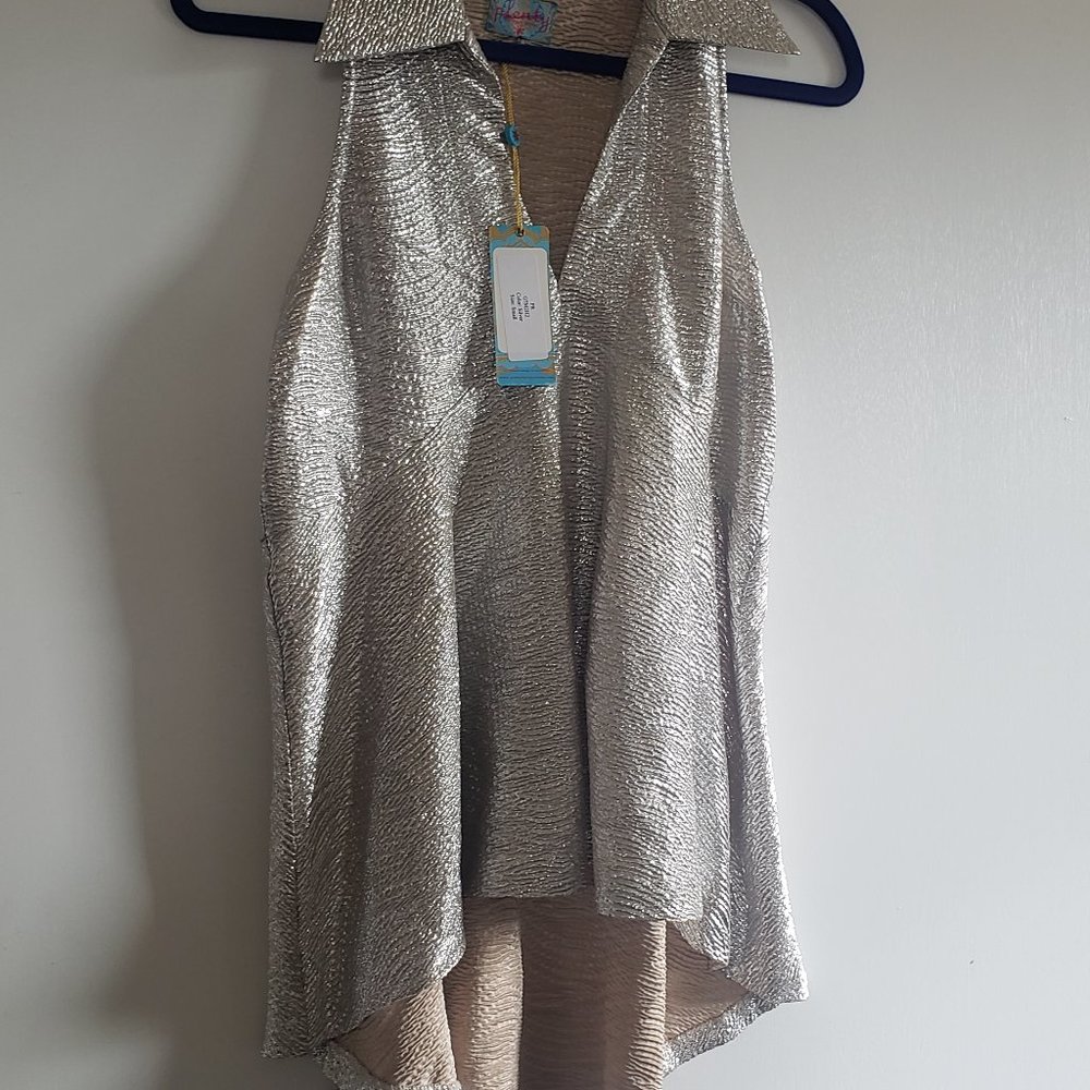 Tracy Reese Womens Halter Collared Hi/Lo Top in Color Gold/Silver-Stretch